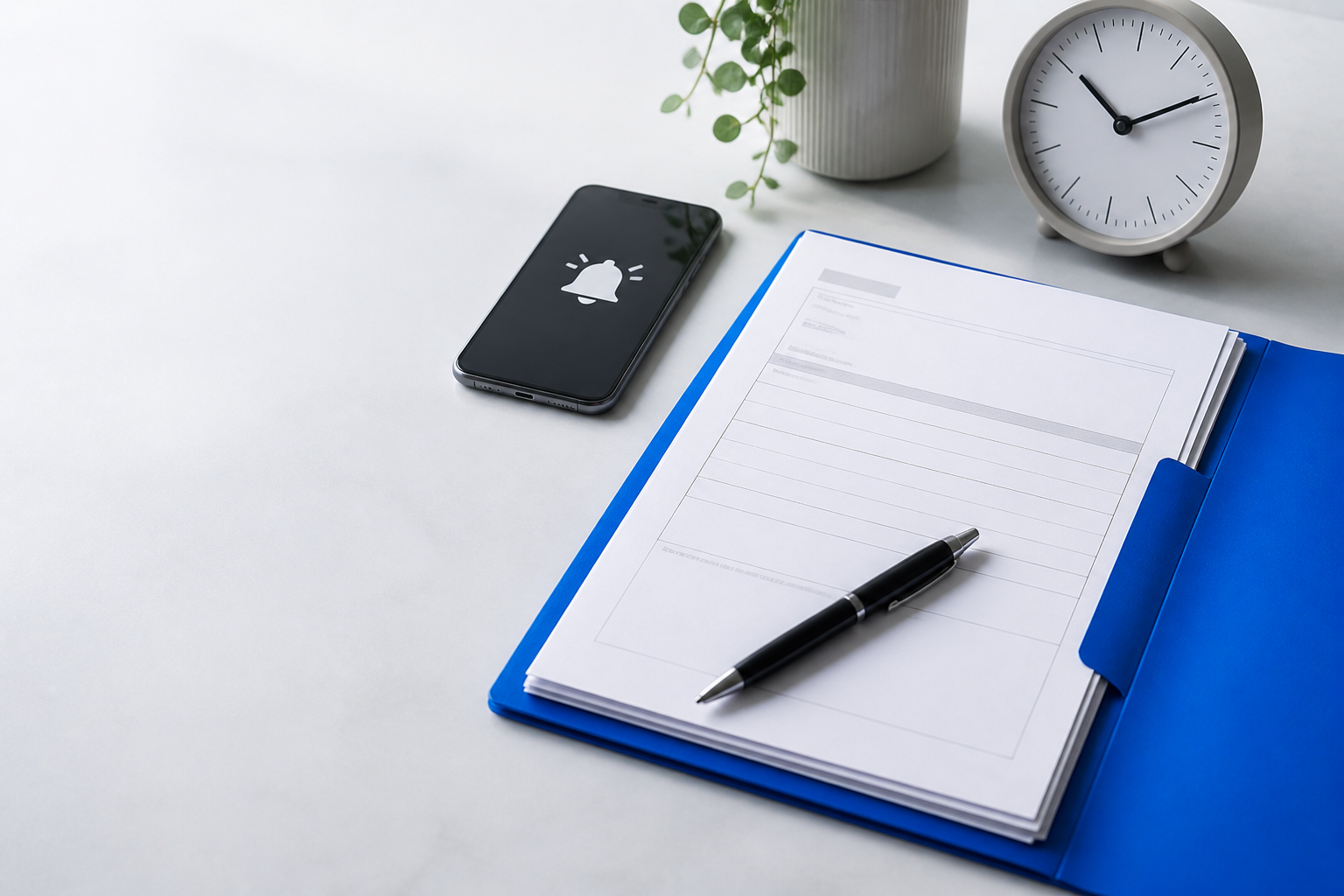 Organized application papers, an alerting phone, a pen, and a clock on a clean desk